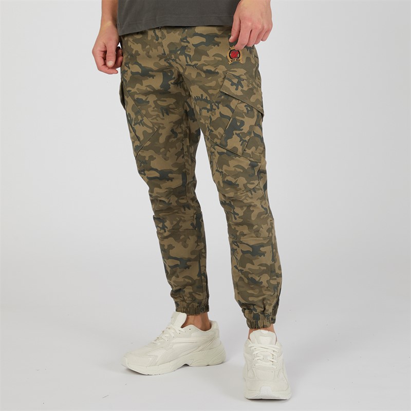 SikSilk Mens Cargo Pants Green Camo