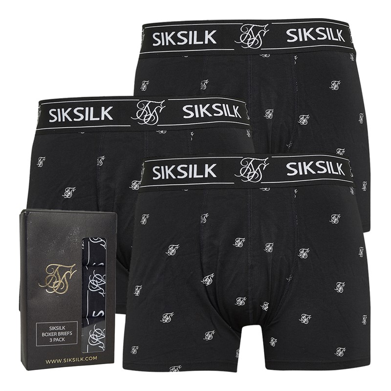 SikSilk Mens Three Pack Logo Boxer Briefs Black