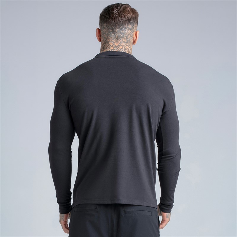 SikSilk Mens Long Sleeve Zip Polo Shirt Black