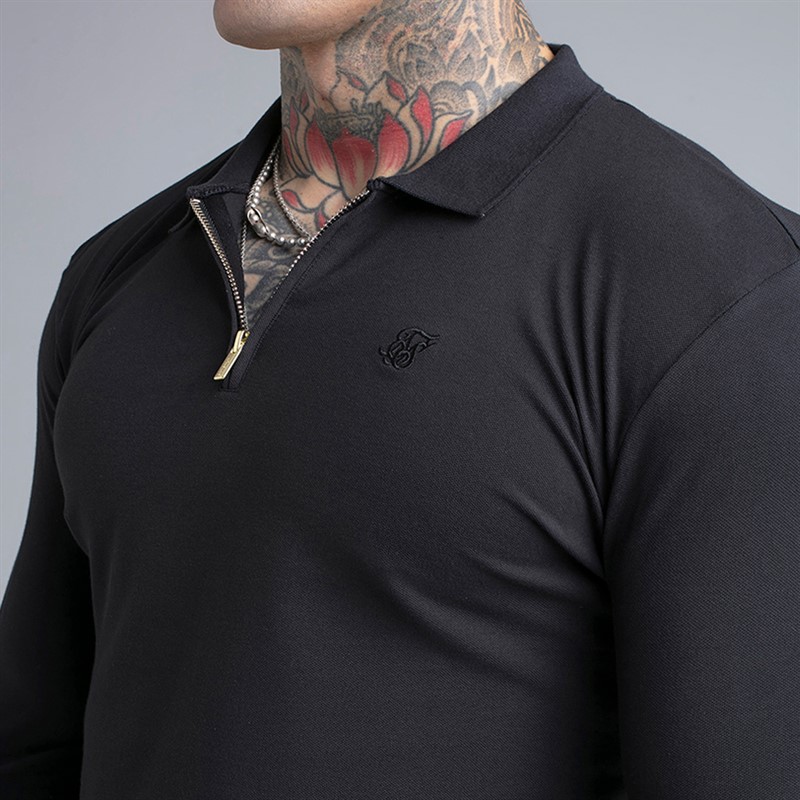 SikSilk Mens Long Sleeve Zip Polo Shirt Black