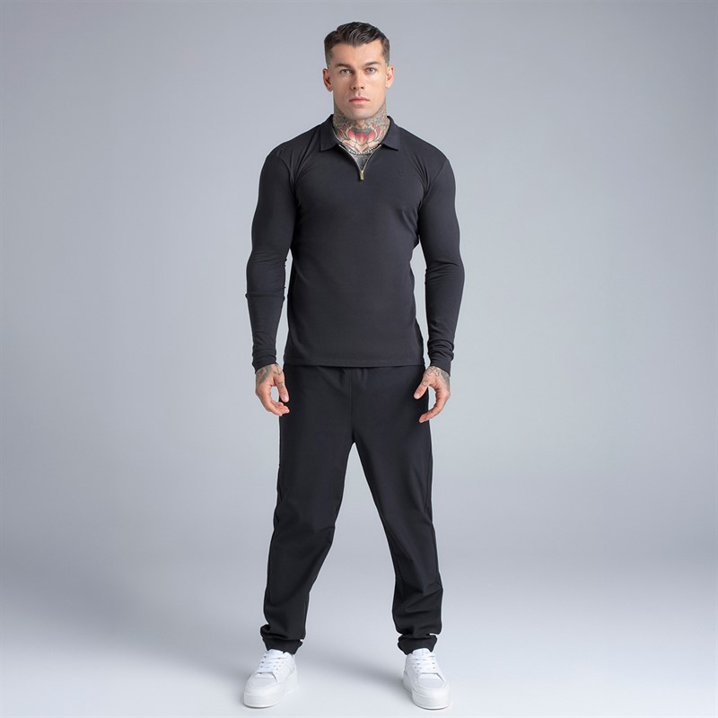 SikSilk Mens Long Sleeve Zip Polo Shirt Black