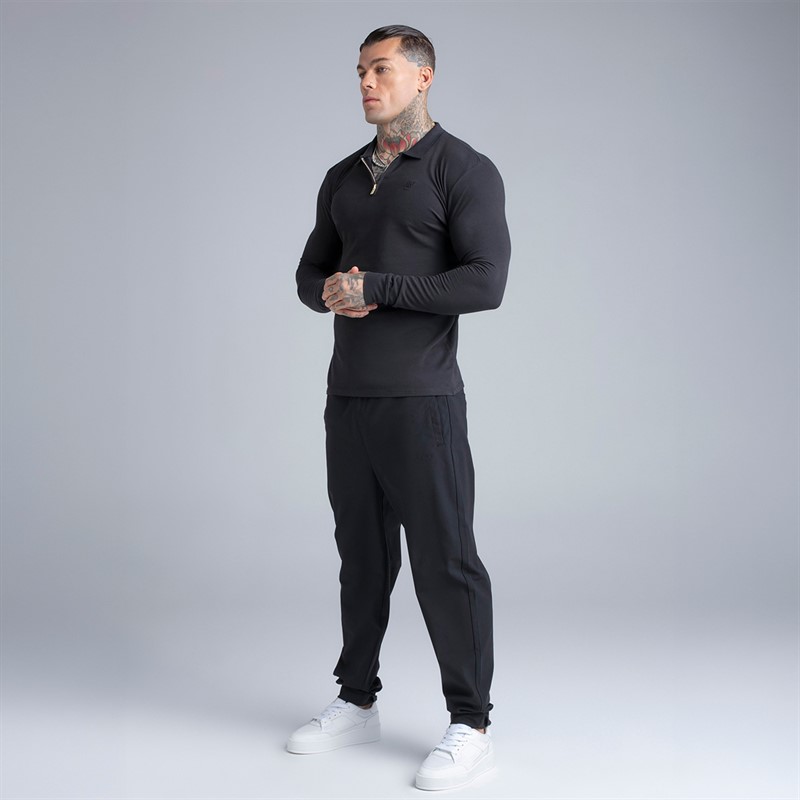 SikSilk Mens Long Sleeve Zip Polo Shirt Black