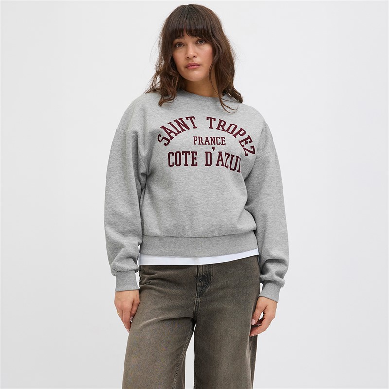 JJXX Damen Merle Pullover Hellgrau Melange Aufdruck Saint Tropez Light Grey Melangeprint:Saint Tropez