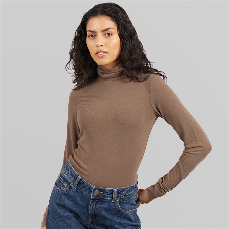 JJXX Womens Nova Long Sleeve High Neck T-Shirt Brown Lentil