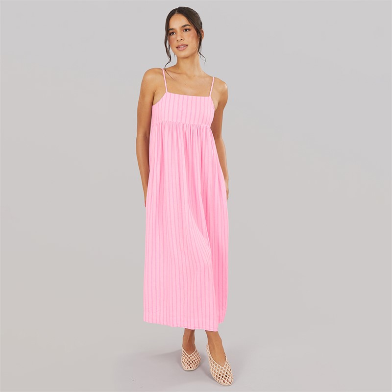 JJXX Womens Linen Blend Stripe Maxi Dress Pink Lady