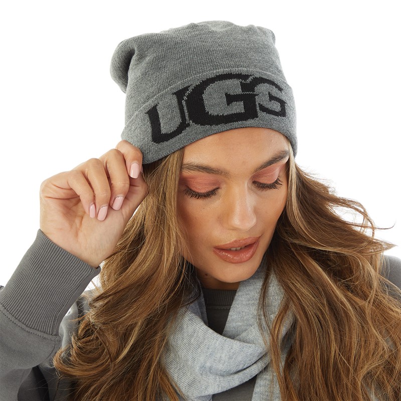 UGG® Womens Intarsia Logo Knit Beanie Charcoal