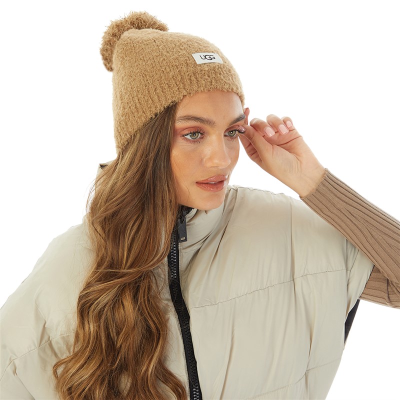 UGG® Womens Brushed Knit Hat With Pom Chestnut