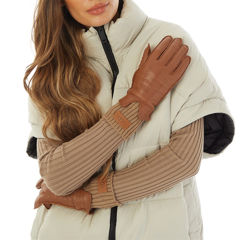 UGG® Womens Leather Leather Tech Knit Cuff Gloves Chestnut