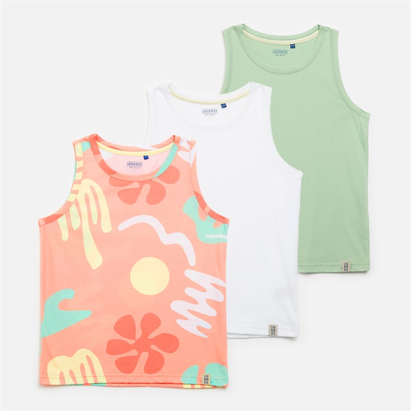 Lagooners Girls Santa Monica Three Pack Vests Multi Print/Mint/White - Size 11/12Y