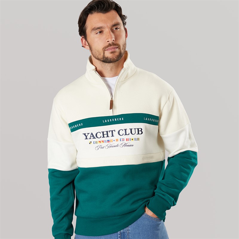 Lagooners Mens Exmouth Funnel Neck Sweat Ecru/Green