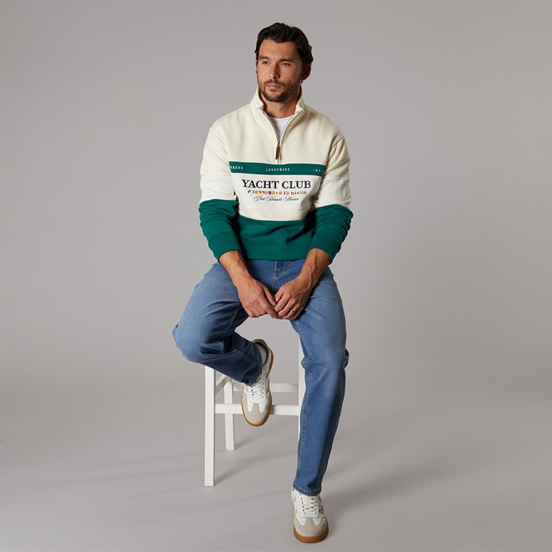 Lagooners Mens Exmouth Funnel Neck Sweat Ecru/Green