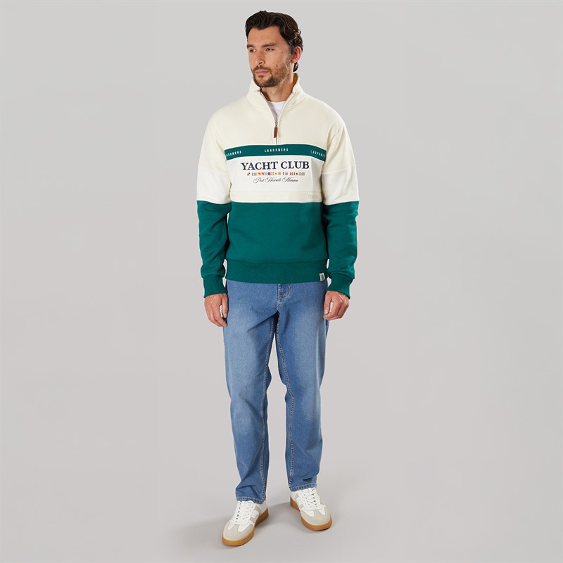 Lagooners Mens Exmouth Funnel Neck Sweat Ecru/Green