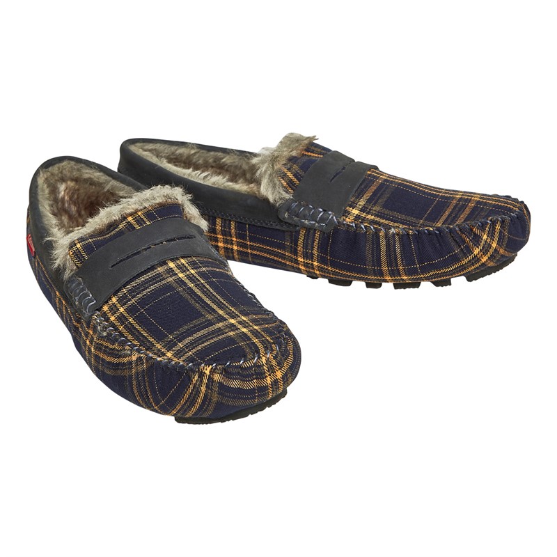 Chatham Marine Mens Coniston Check Moccasin Slippers Navy