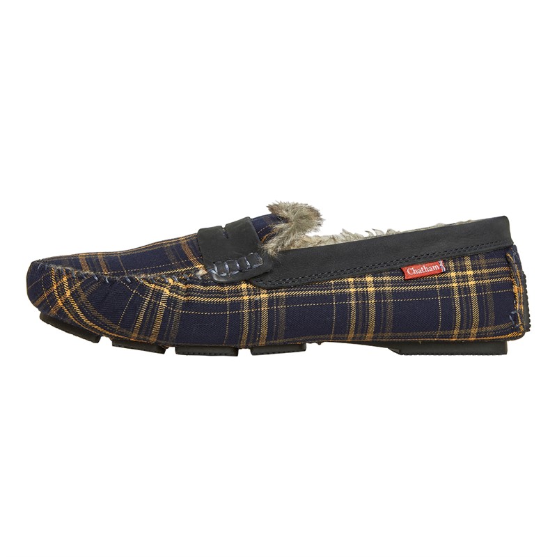 Chatham Marine Mens Coniston Check Moccasin Slippers Navy