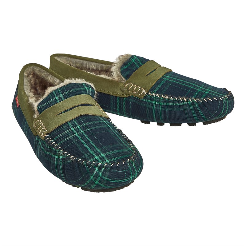 Chatham Marine Mens Coniston Check Moccasin Slippers Green