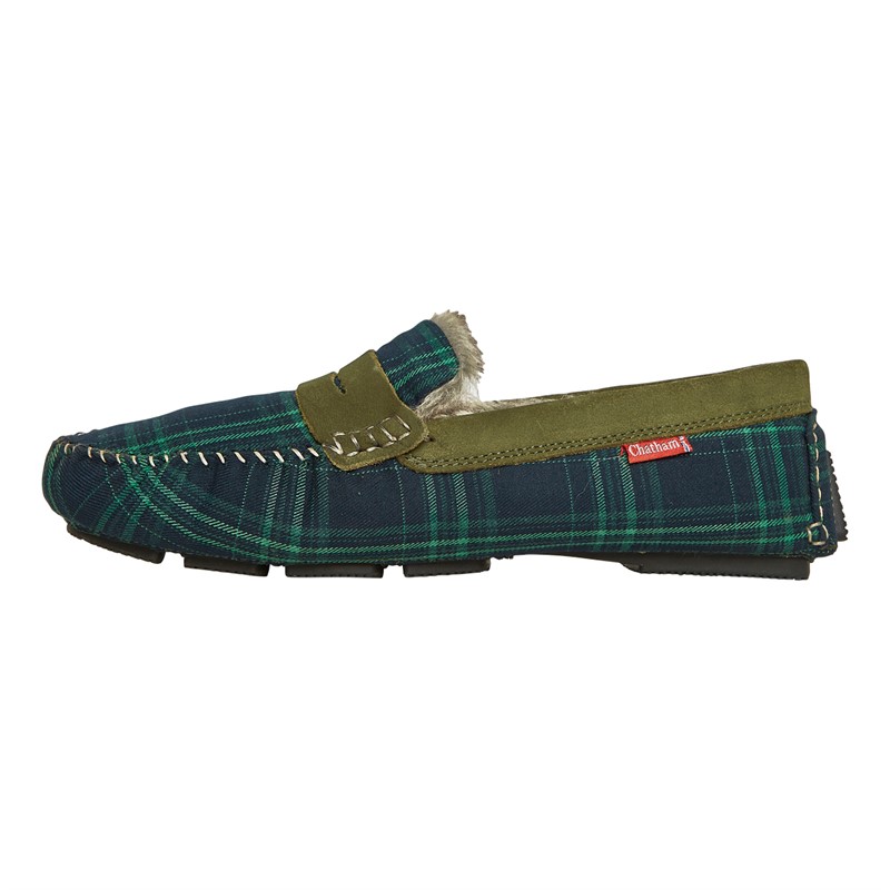 Chatham Marine Mens Coniston Check Moccasin Slippers Green