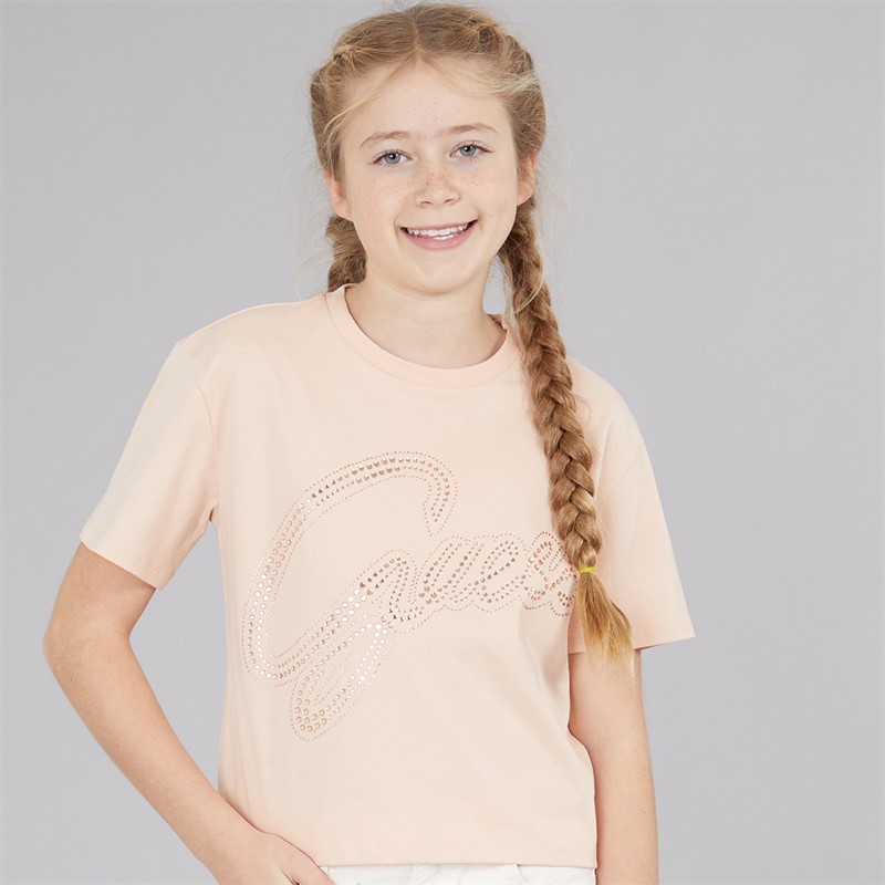 Guess Girls Cotton Jersey Cropped T-Shirt Blissful Pink