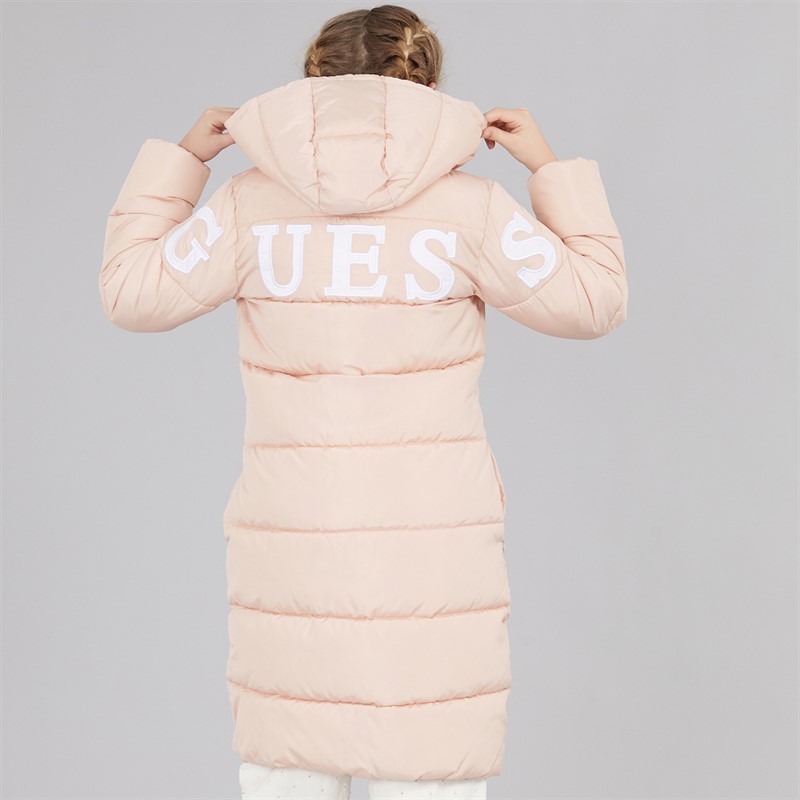 Guess Girls Hooded Padded Long Puffer Coat Pink