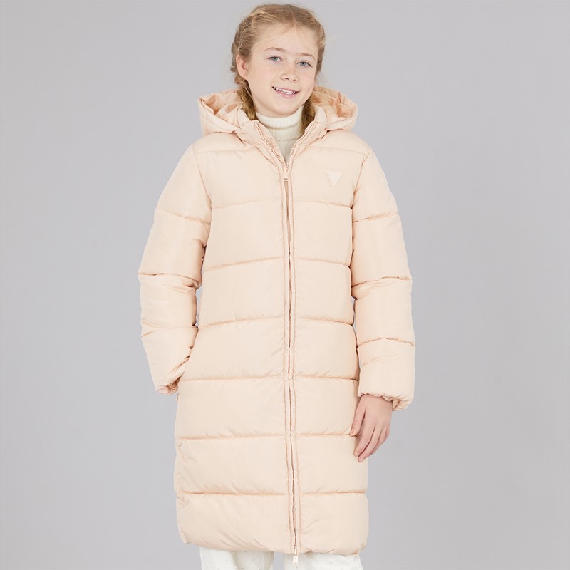 Guess Girls Hooded Padded Long Puffer Coat Pink