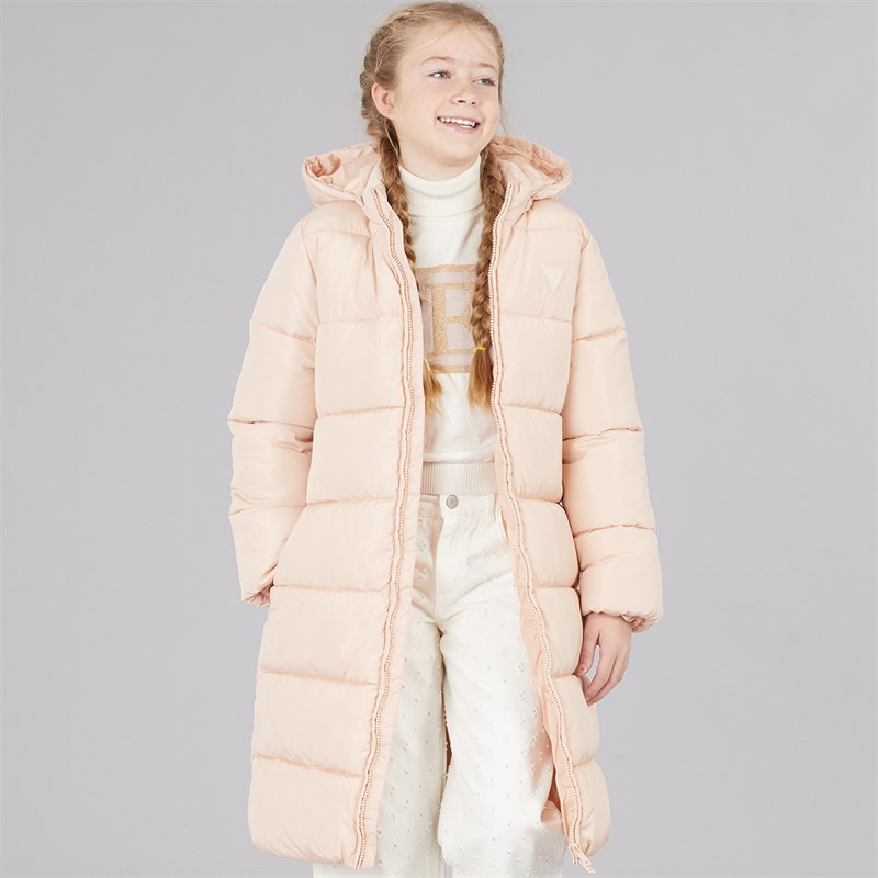 Guess Girls Hooded Padded Long Puffer Coat Pink