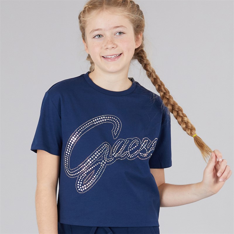 Guess Girls Cotton Jersey Cropped T-Shirt Secret Blue