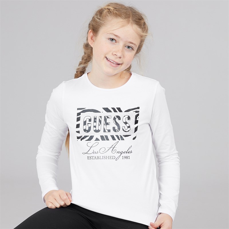 Guess Girls Stretch Jersey Long Sleeve T-Shirt Pure White