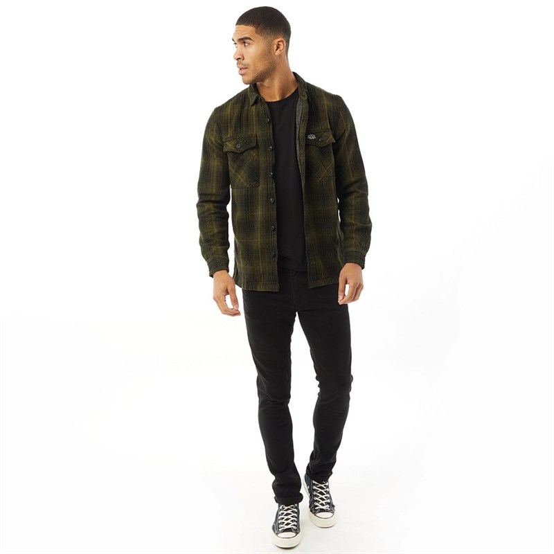 Superdry Mens Miller Flannel Long Sleeve Shirt Olive Black Ombre Check