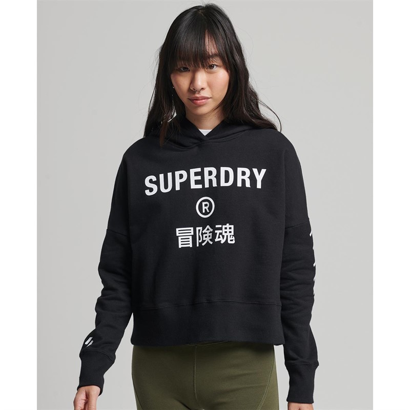 Superdry Damskie Code Core Sport Crop Box Bluzy z kapturami Czarny