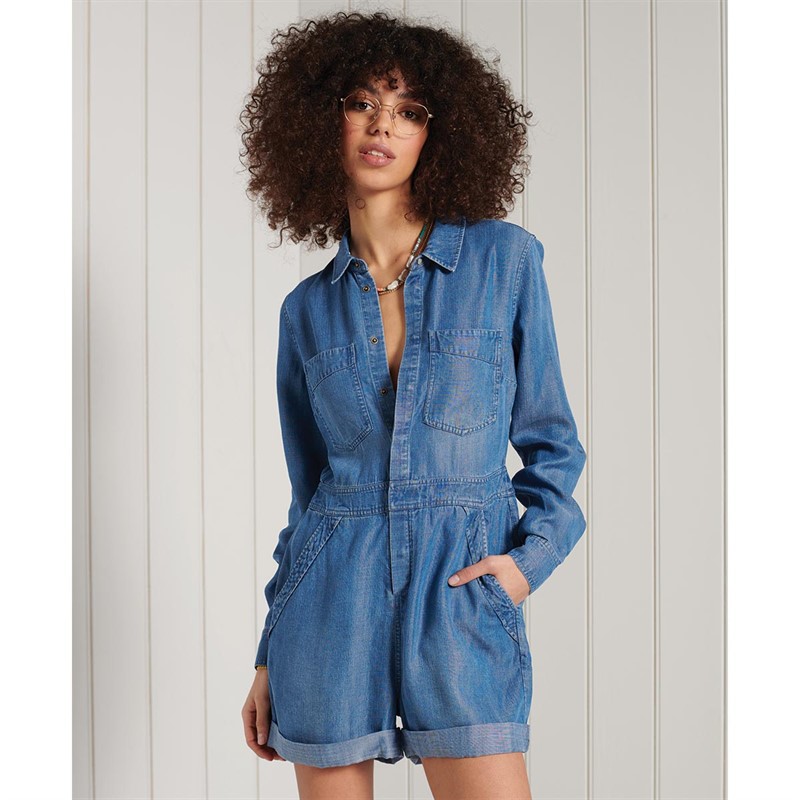 Superdry Combishorts Tencel Femme Bleu Moyen