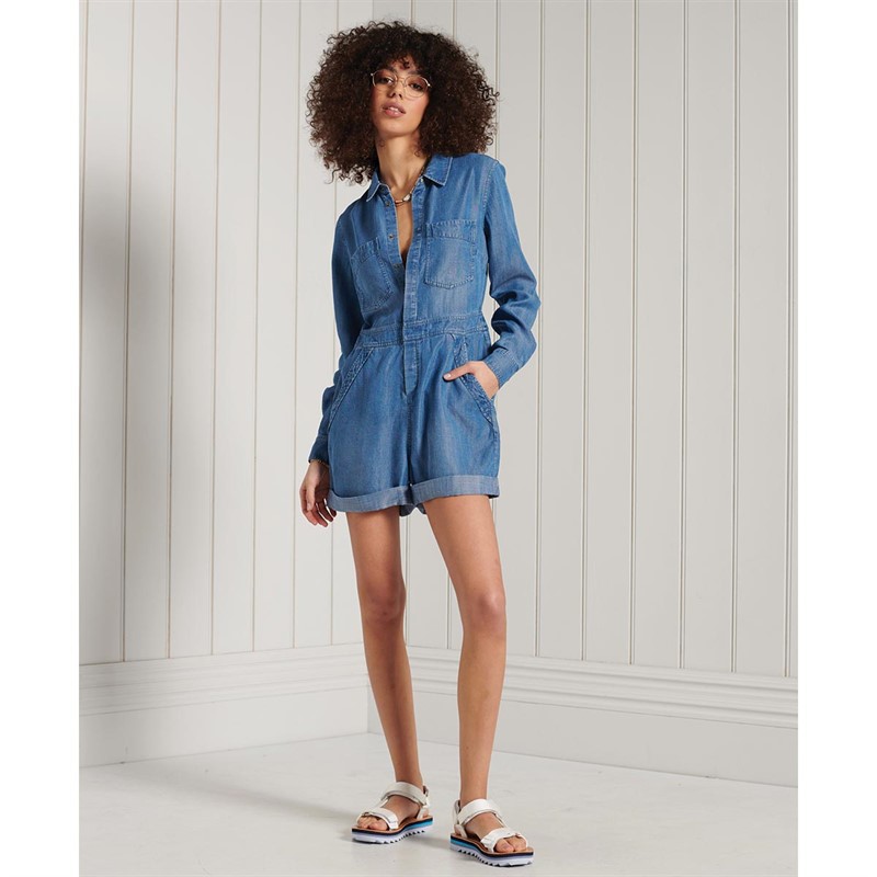 Superdry Combishorts Tencel Femme Bleu Moyen