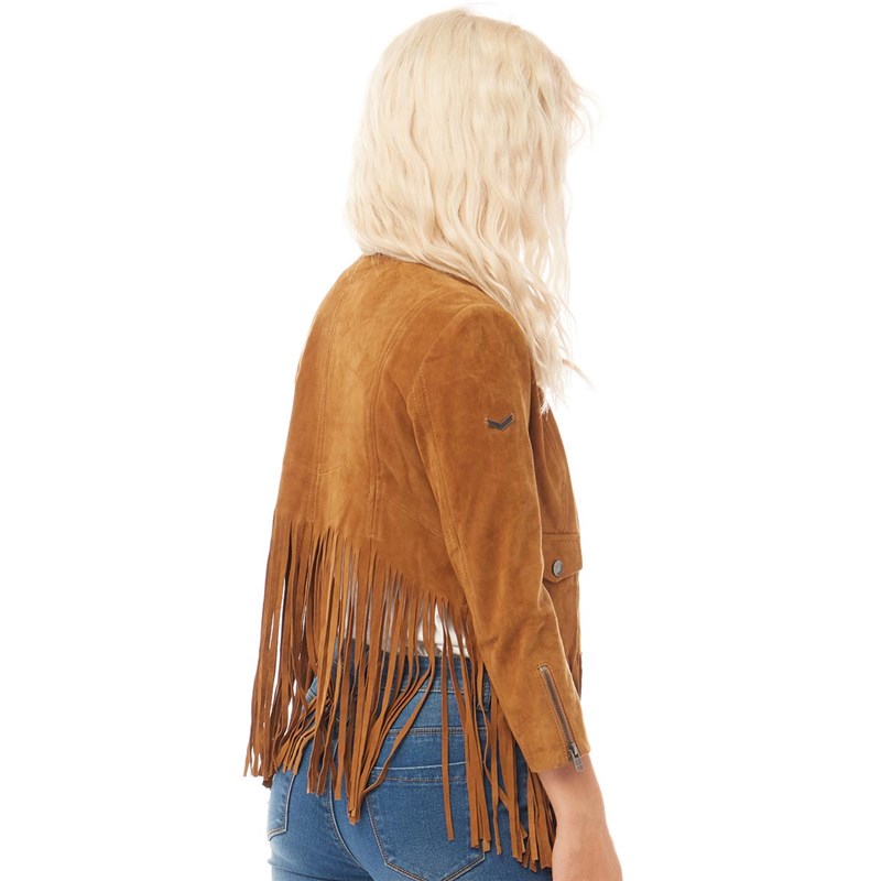 Superdry Damen Neonomad Fringe Lederjacke Hellbraun