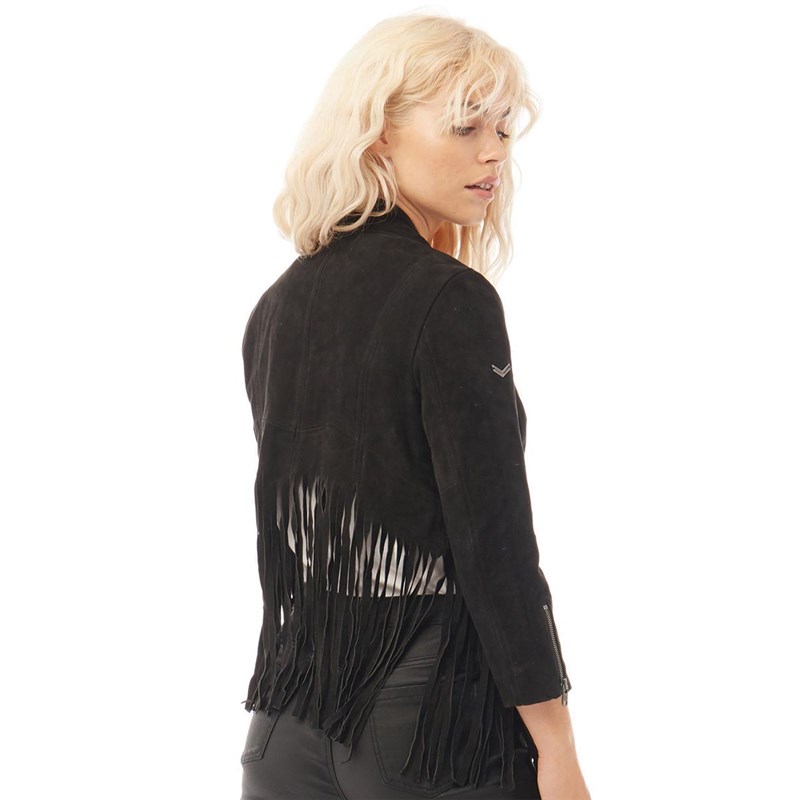 Superdry Damskie Neonomad Fringe Skórzana Kurtka Czarny