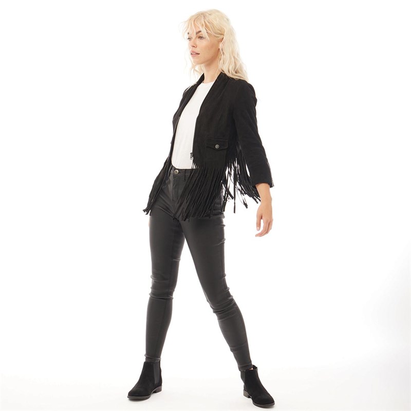 Superdry Damskie Neonomad Fringe Skórzana Kurtka Czarny