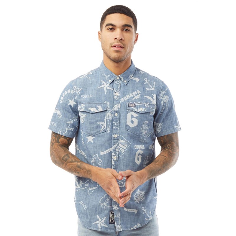 Superdry Chemise à Manches Courtes S/S Loom Worker Homme Bleu Denim