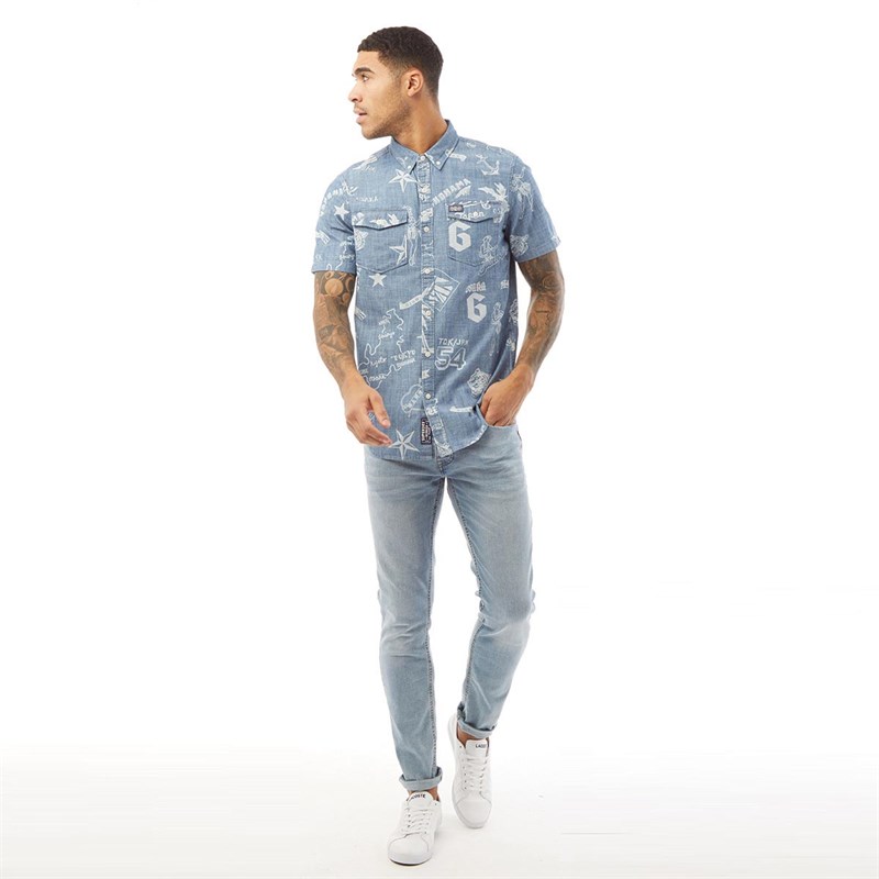 Superdry Chemise à Manches Courtes S/S Loom Worker Homme Bleu Denim