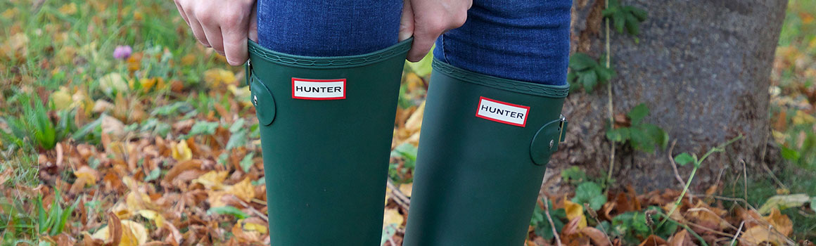 Worn women’s green Hunter wellies