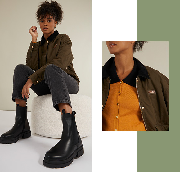 Foxdale wax jacket. Levi's jeans and Chelsea boots'.