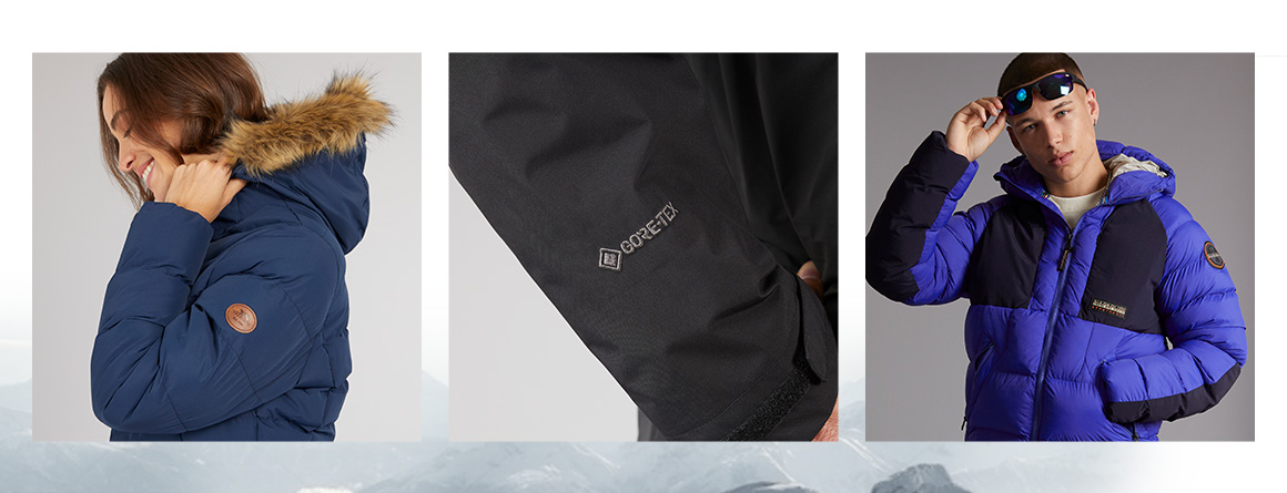 Collection of winter jackets including a navy puffer with fur hood, a GORE-TEX detail, and a blue color-block puffer coat.