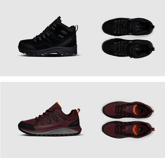Black waterproof Skechers hiking boots with metal eyelets and burgundy Skechers trail running shoes with orange accents.