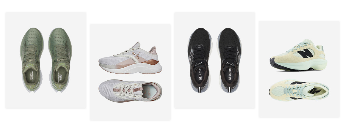 Four pairs of gym shoes all in different colours with different views of each pair.