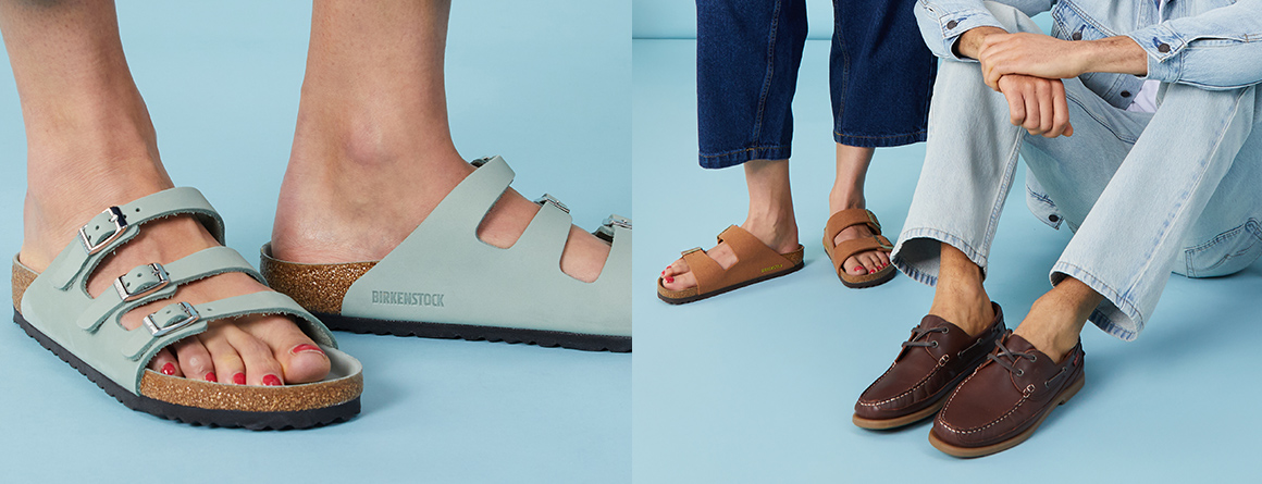 Models showing their feet wearing smart new birkenstock sandals and deck shoes.