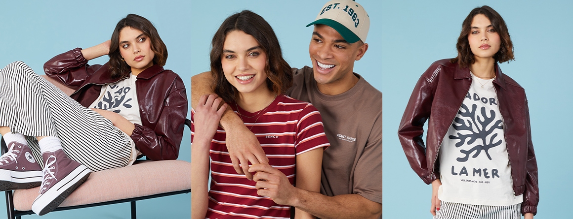 Male and female models posing. The female is showcasing stiped trousers, and tops.