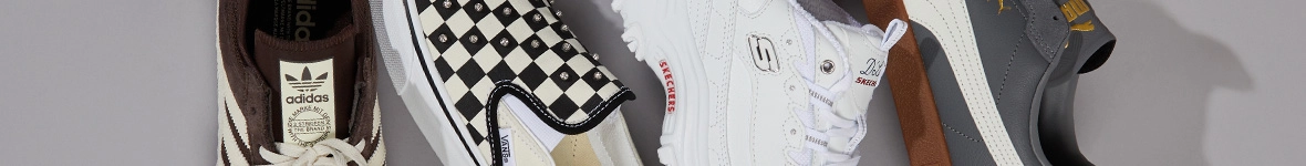 Collection of casual sneakers: brown Adidas, studded checkered Vans, chunky white Skechers, and grey Puma styles.