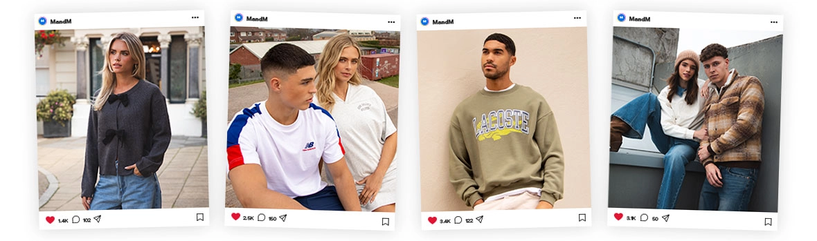 Collage of four models in diverse casual fashion: grey cardigan, athletic wear, Lacoste sweatshirt, and plaid jacket.